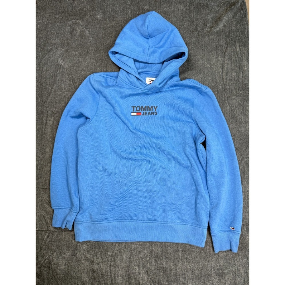 Tommy Jeans Mens Medium Blue Hooded Sweatshirt Pullover Logo Hoodie